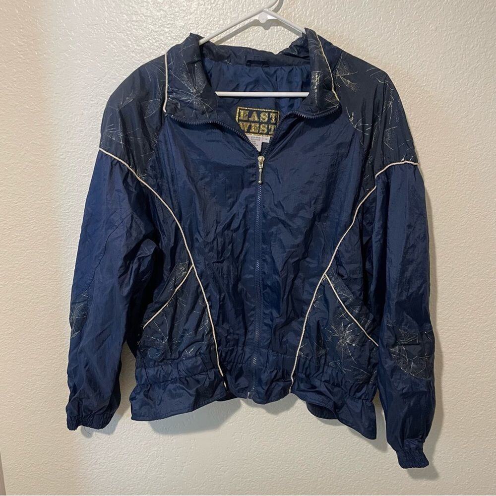East West Vintage Navy Blue Nylon Windbreaker Jacket Silver Graphic Large